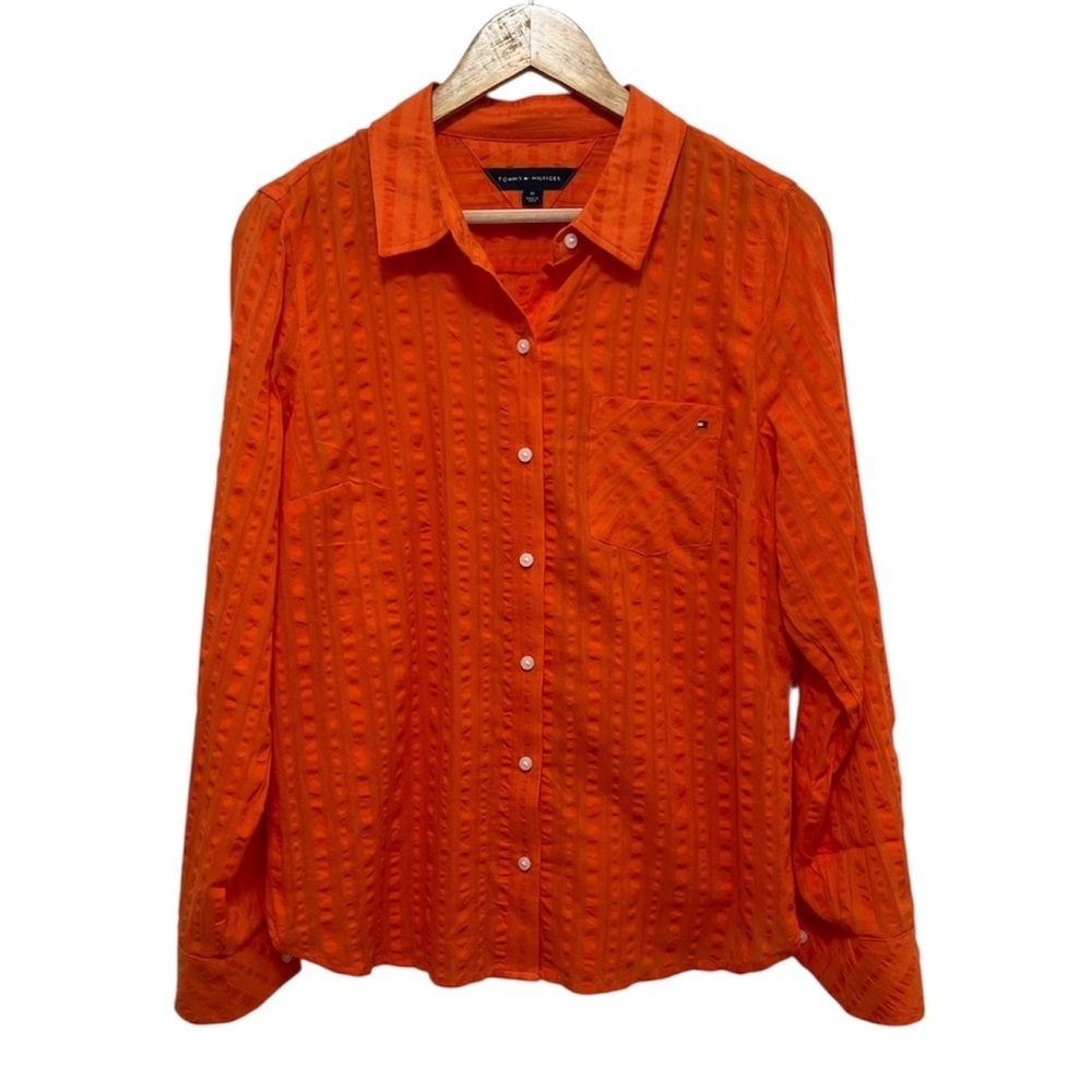 TOMMY HILFIGER Striped Cotton Roll Tab Sleeve Button Up In Mandarin NWOT Size M
